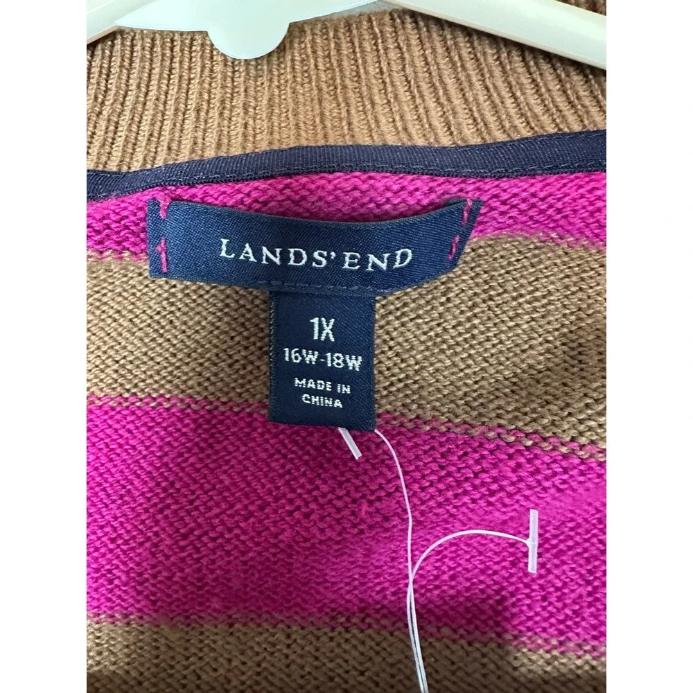 NEW Lands' End Womens 1X Striped V-Neck Cardigan Sweater Brown Pink Wool Cotton